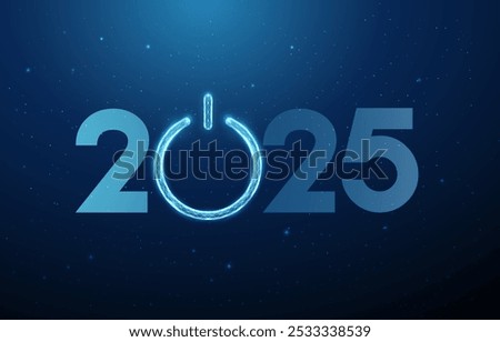 Abstract Happy  New Year greeting card with number 2025 and power button. Low poly technology design. Futuristic neon geometric background. Wireframe light structure. Modern 3d graphic concept. Vector