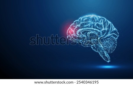 Abstract blue brains with red spot. Brains deseases, medical treatment and pharmacy concept Low poly style Geometric background. Wireframe light connection structure. Modern 3d graphic concept. Vector