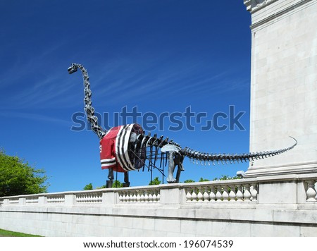 CHICAGO, IL, USA - MAY 24, 2014:  The Field Museum's Brachiosaurus dresses in a Blackhawks jersey in support of the Chicago Blackhawks in the Stanley Cup Playoffs.
