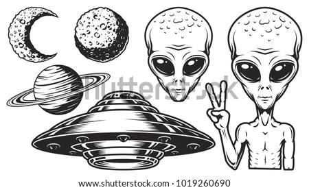 Aliens and ufo set of vector objects and design elements in monochrome style isolated on white background
