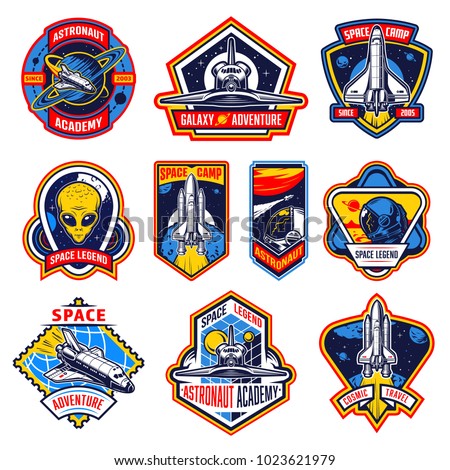 Set of vintage space and astronaut badges, emblems, logos and labels. Monochrome style. Vector illustration