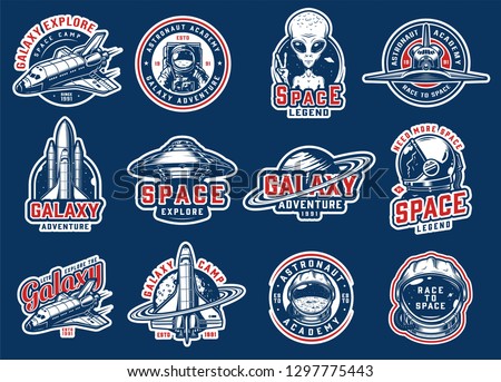 Vintage colorful space badges set with shuttles ufo astronaut saturn planet cosmonaut helmet moon extraterrestrial showing peace sign spaceships isolated vector illustration
