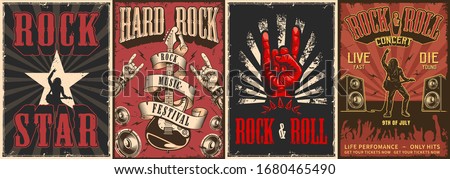 Rock and roll colorful posters with letterings rocker playing electric guitar loudspeakers goat hand gestures dancing crowd silhouette in vintage style vector illustration