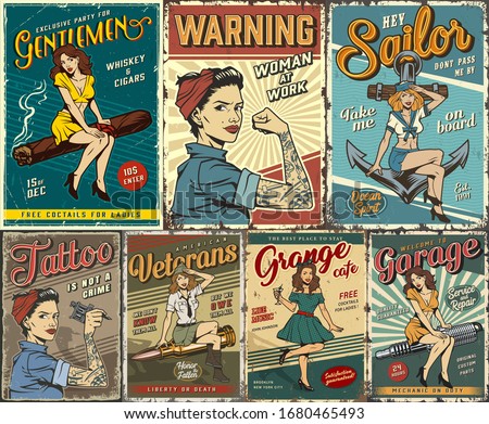 Pin up colorful posters set with garage retro party sailing tattoo studio military women power covers in vintage style vector illustration