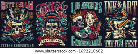 Vintage tattoo festivals posters set with skulls devil masks snakes tattoo machines dagger roses crossbones vector illustration