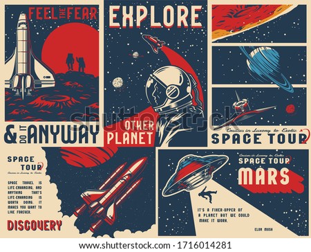 Vintage universe posters collection with text astronaut in outer space flying shuttles man abduction by UFO on cosmic backgrounds vector illustration