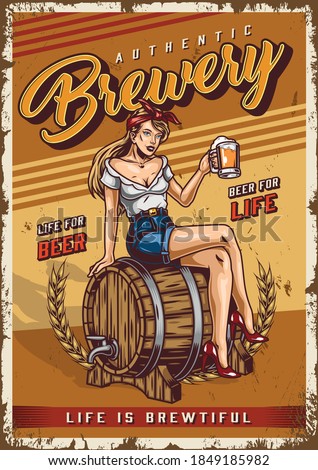 Brewing colorful vintage poster with pretty woman holding cup of fresh beer and sitting on wooden barrel with tap vector illustration