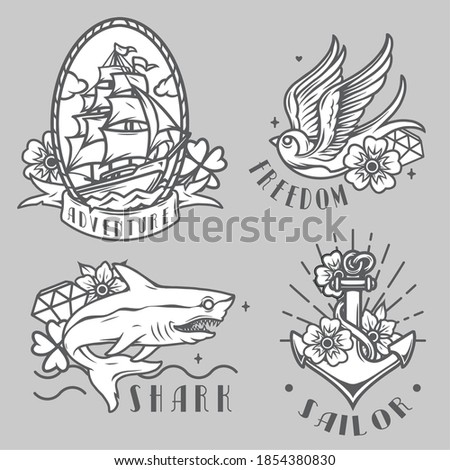 Monochrome vintage maritime prints with sailing ship flying swallow shark metal anchor flowers and diamonds isolated vector illustration