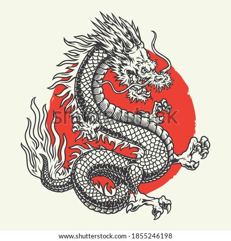 Aggressive japanese fantasy dragon concept in vintage monochrome style isolated vector illustration
