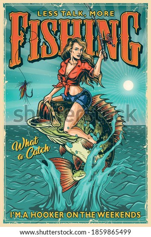 Fishing vintage colorful poster with pretty woman holding fishing rod and sitting on big perch which jumping out of pond vector illustration