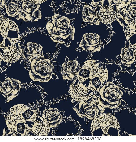 Vintage tattoos seamless pattern with sugar skulls roses barbed wire with leaves and sharp spikes vector illustration
