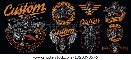 Vintage colorful motorcycle emblems set with inscriptions wrenches skeleton biker riding motorbike skull in motorcyclist helmet and goggles with eagle wings isolated vector illustration