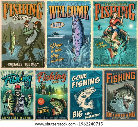 Fishing vintage posters composition with fishermen rainbow trout pike bass fishes pretty woman holding fishing rod and sitting on perch vector illustration