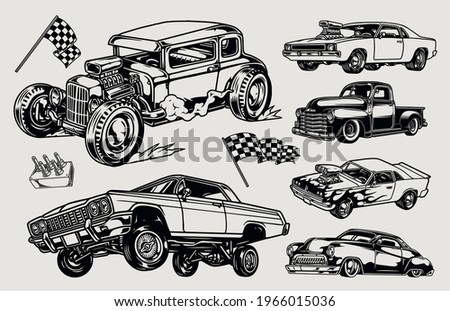 Custom cars vintage concept with pickup truck hot rod classic retro low rider muscle automobiles racing checkered flags lowrider suspension remote control isolated vector illustration