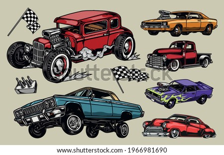 Custom cars colorful vintage composition with classic retro car pickup truck hot rod lowrider muscle automobiles checkered flags low rider suspension remote control isolated vector illustration