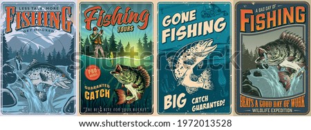 Fishing vintage posters collection with inscriptions fisher caught perch on bait big rainbow trout and bass fishes vector illustration