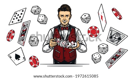 Casino vintage colorful concept with smiling croupier shuffles playing cards falling dice poker chips and cards on white background isolated vector illustration
