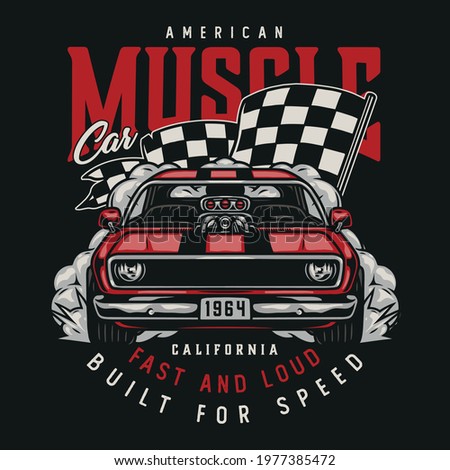 American custom car colorful vintage print with letterings classic muscle car and racing checkered flag isolated vector illustration