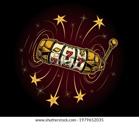 Casino colorful vintage template with slot machine with triple seven jackpot dynamic rays and stars on red halftone circle background isolated vector illustration