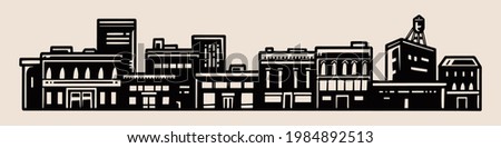 Town landscape vintage concept with various buildings and water tower in monochrome style isolated vector illustration