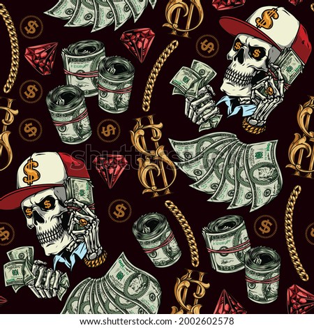 Wealth and money seamless pattern with gold chains dollar signs and banknotes red diamonds skull in baseball cap and skeleton hand with precious decorations holding dollar bills vector illustration