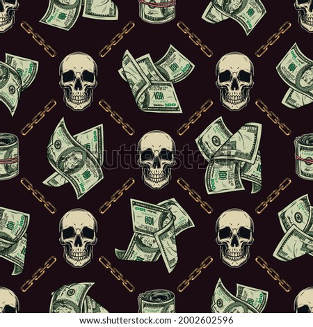 Vintage colorful money seamless pattern with skulls gold chains falling dollar bills and rolls of american currency banknotes vector illustration