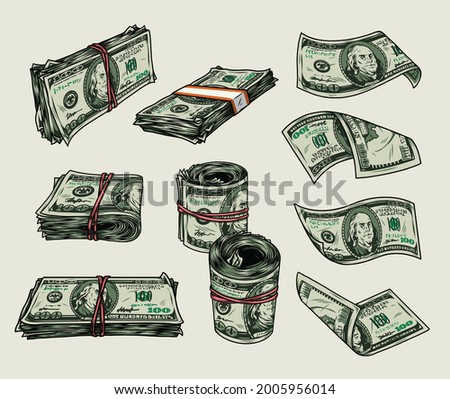 Money vintage colorful composition with falling american cash bills rolls and stacks of dollar banknotes isolated vector illustration