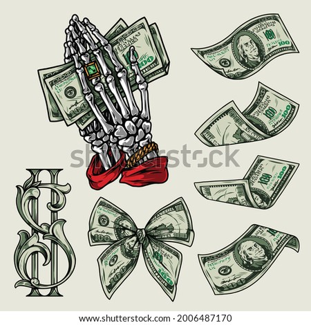 Money colorful vintage elements concept with american currency bills bow tie of dollar banknotes skeleton hands with ring and gold bracelet holding dollar notes isolated vector illustration