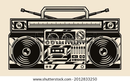 Vintage concept of ghetto blaster with radio buttons knobs and two audio speakers in monochrome style isolated vector illustration