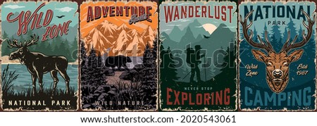 National park vintage colorful posters with deer head moose bear and traveler with trekking poles and backpack on nature landscapes vector illustration