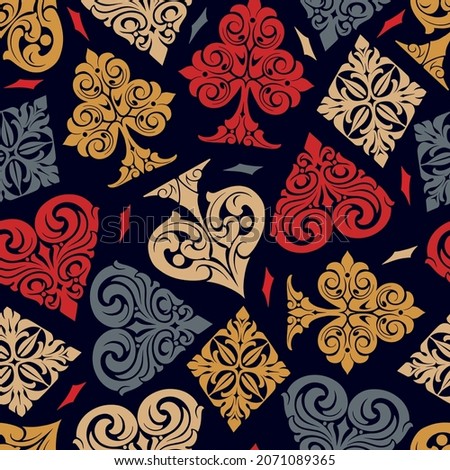 Gambling vintage seamless pattern with hearts diamonds clubs spades colorful elegant card suits symbols vector illustration