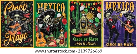 Mexican holiday colorful posters collection with mariachi musicians playing guitar and trumpet, tequila drink and taco, vector illustration