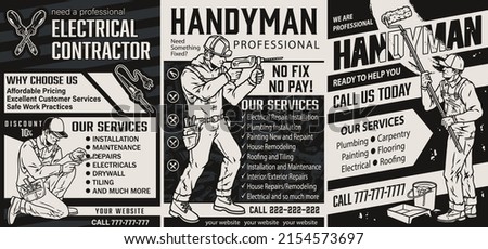 Handyman service monochrome advertising banners set with place for text, electrician using screwdriver, builder in hardhat holding drill, house painter with roller, vector illustration