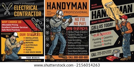 Handyman professionals vertical vintage banners set with place for text, electrical contractor with screwdriver, builder in ear protectors using drill, man painting wall with roller, vector