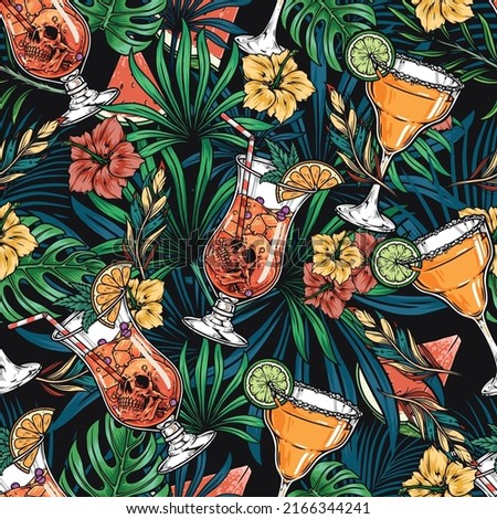 Alcoholic cocktails pattern seamless colorful vintage orange drink aperol spritz among leaves and flowers for mexican party vector illustration