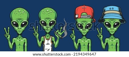 Aliens emblems vintage colorful set of different Martians in trendy youth style green humanoids with peace victory gesture vector illustration