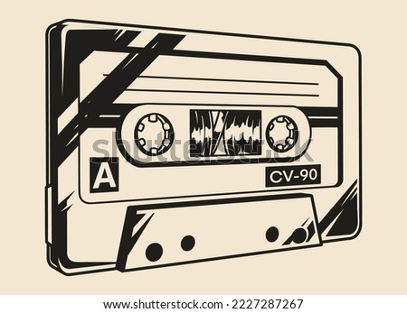 Music cassette vintage emblem monochrome compact audio tape recorder for playback on equipment from 70s-90s vector illustration