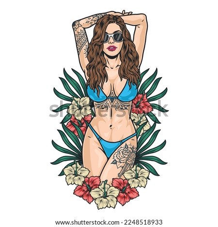 Tattoo bikini woman colorful label with model in swimsuit for exotic beach standing among tropical leaves and flowers vector illustration