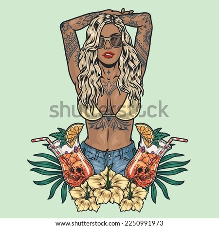 Tropical beach girl colorful sticker with glasses of cocktails and woman in bikini and shorts for Hawaiian party vector illustration