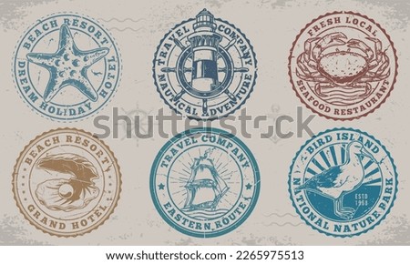Sea resorts vintage set colorful emblems for seafood restaurants or travel companies offering nautical adventures in southern islands vector illustration