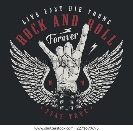 Rock and roll colorful poster rocker hand making goat gesture with wings and words live fast die young vector illustration