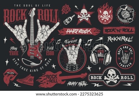 Rocknroll fest colorful set stickers with skulls and bones near arm rockers or headphones for listening heavy metal vector illustration