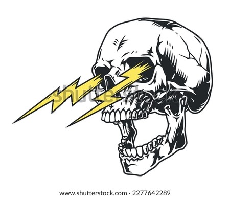 Skull with lightning bolts colorful sticker with head of dead man with incinerate look and cracks from impact vector illustration