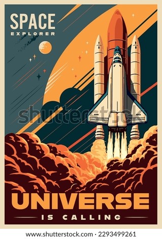 Space shuttle colorful vintage flyer with spaceship flying past planets for scientific research in universe vector illustration
