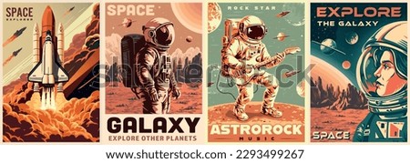 Space explorer set flyers colorful with astronauts and space rockets for galactic missions and travel across universe vector illustration