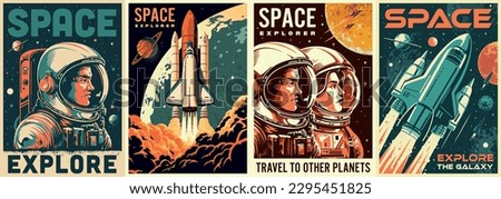 Space adventures set posters colorful with shuttle rockets and astronauts going on flight for scientific research mission vector illustration