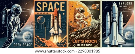 Galactic adventure colorful set posters with space shuttles and astronaut playing guitar for decoration in sci-fi magazine vector illustration