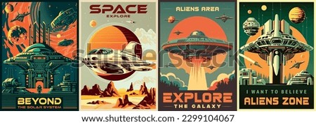 Galaxy travel colorful set flyers spaceships and UFO flying around solar system and taking off from surfaces planets vector illustration