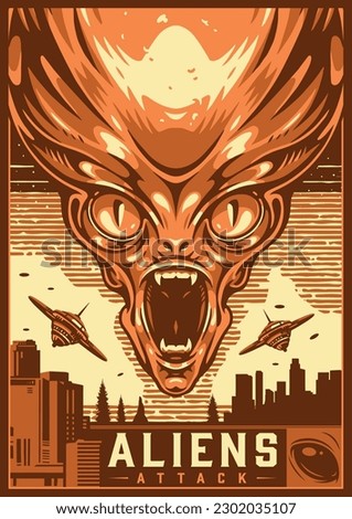 Aliens attack monochrome vintage flyer with evil martian showing fangs and threatening inhabitants of planet earth vector illustration