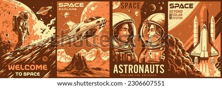 Space science set posters monochrome with heroic astronauts and research shuttles flying around universe in search extraterrestrial life vector illustration